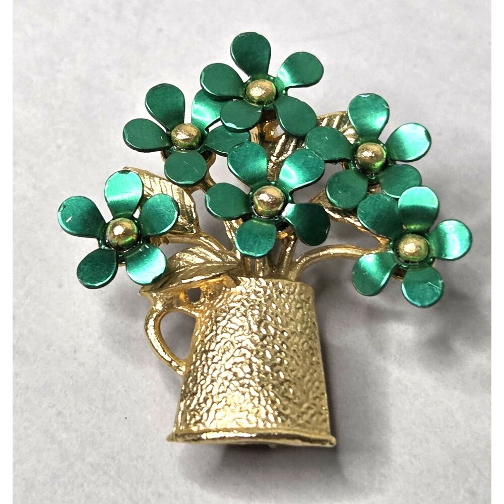 Watering Pitcher Bright Green Flowers Vintage Scatter Pin